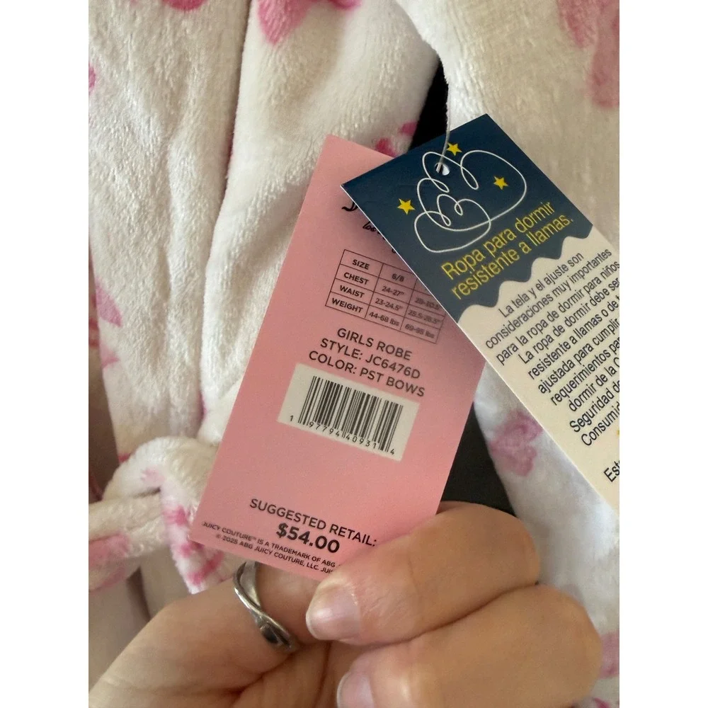 Juicy Couture Girls Hooded Fleece‎ Robe Pink Bows Logo White Size 6/8 NWT Y2k